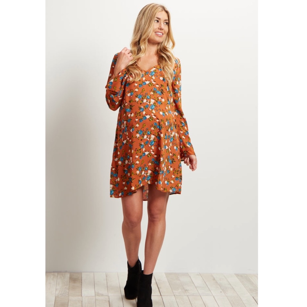 Pinkblush Rust Floral Printed V-Neck Chiffon Maternity Dress NWT Size Medium